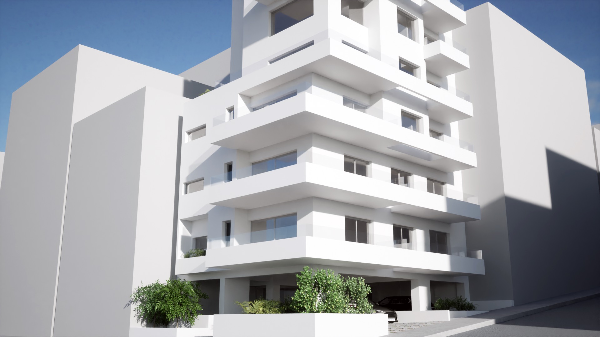 Φωτορεαλιστική απεικόνιση της οικοδομής Φαύνου 1 & Ωρωπού, κοντινή πλάγια λήψη με τον ρυθμό των κλιμακωτών μπαλκονιών και την πρασιά.