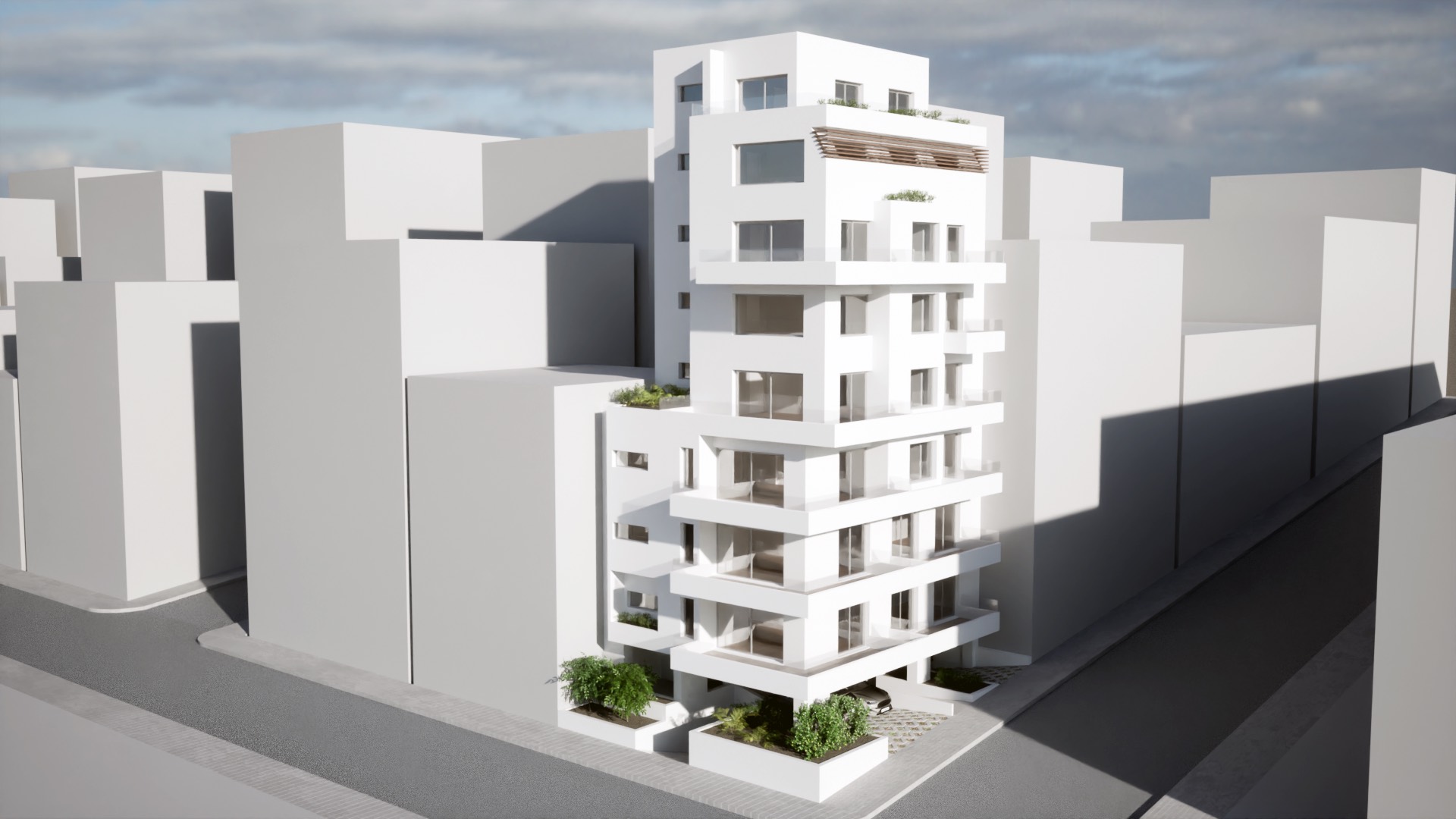 Φωτορεαλιστική απεικόνιση της οικοδομής Φαύνου 1 & Ωρωπού, αεροφωτογραφία του κτιρίου μέσα στο οικοδομικό τετράγωνο.