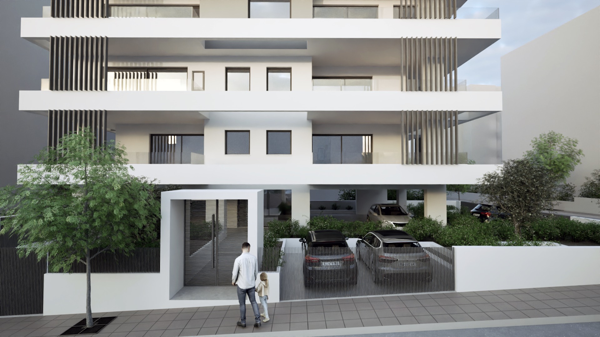Φωτορεαλιστική απεικόνιση της οικοδομής Ιπποκράτους 9 — η είσοδος με τον στεγασμένο χώρο στάθμευσης.