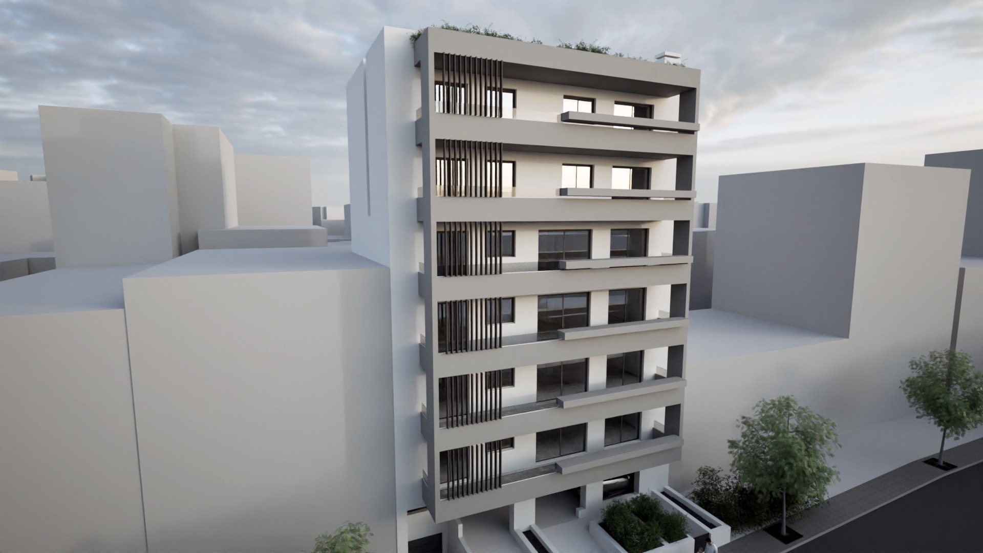 Φωτορεαλιστική απεικόνιση της οικοδομής Καραϊσκάκη 46 — πλάγια λήψη με το φυτεμένο δώμα.