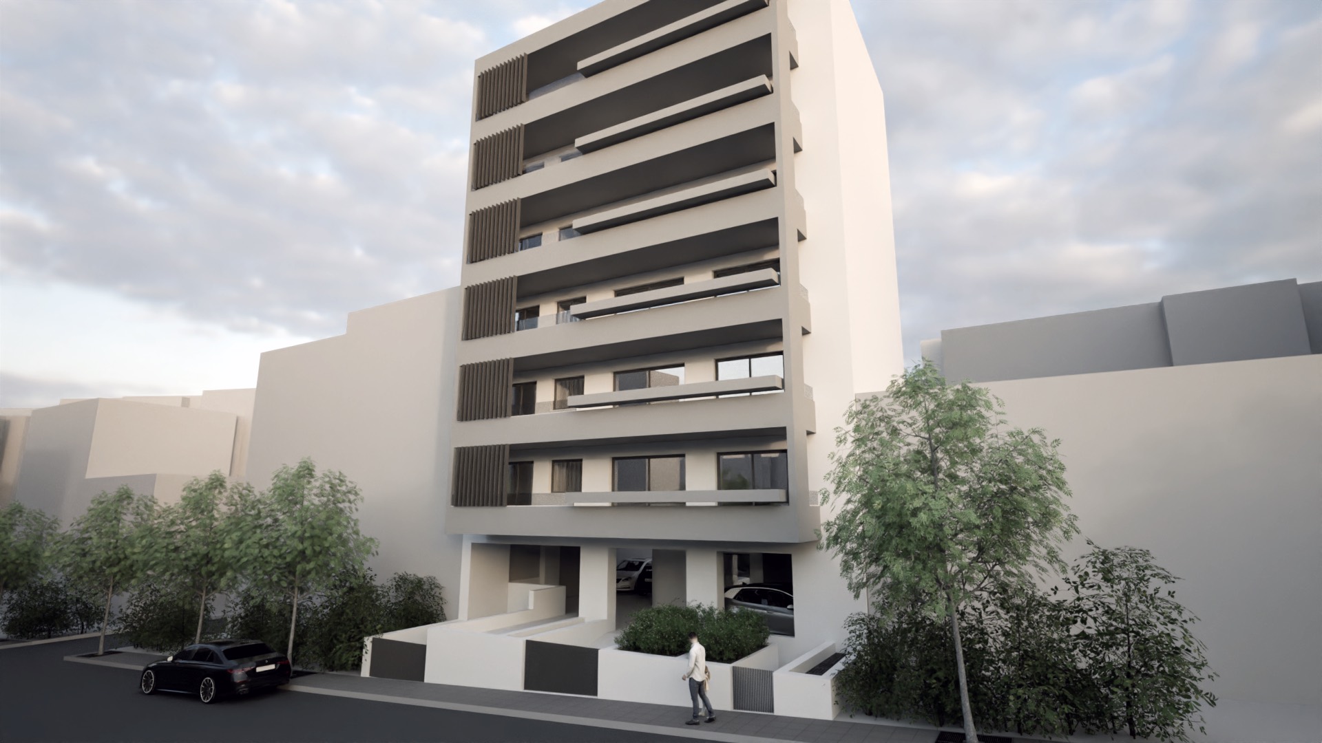 Φωτορεαλιστική απεικόνιση της οικοδομής Καραϊσκάκη 46 — λήψη από τον δρόμο.