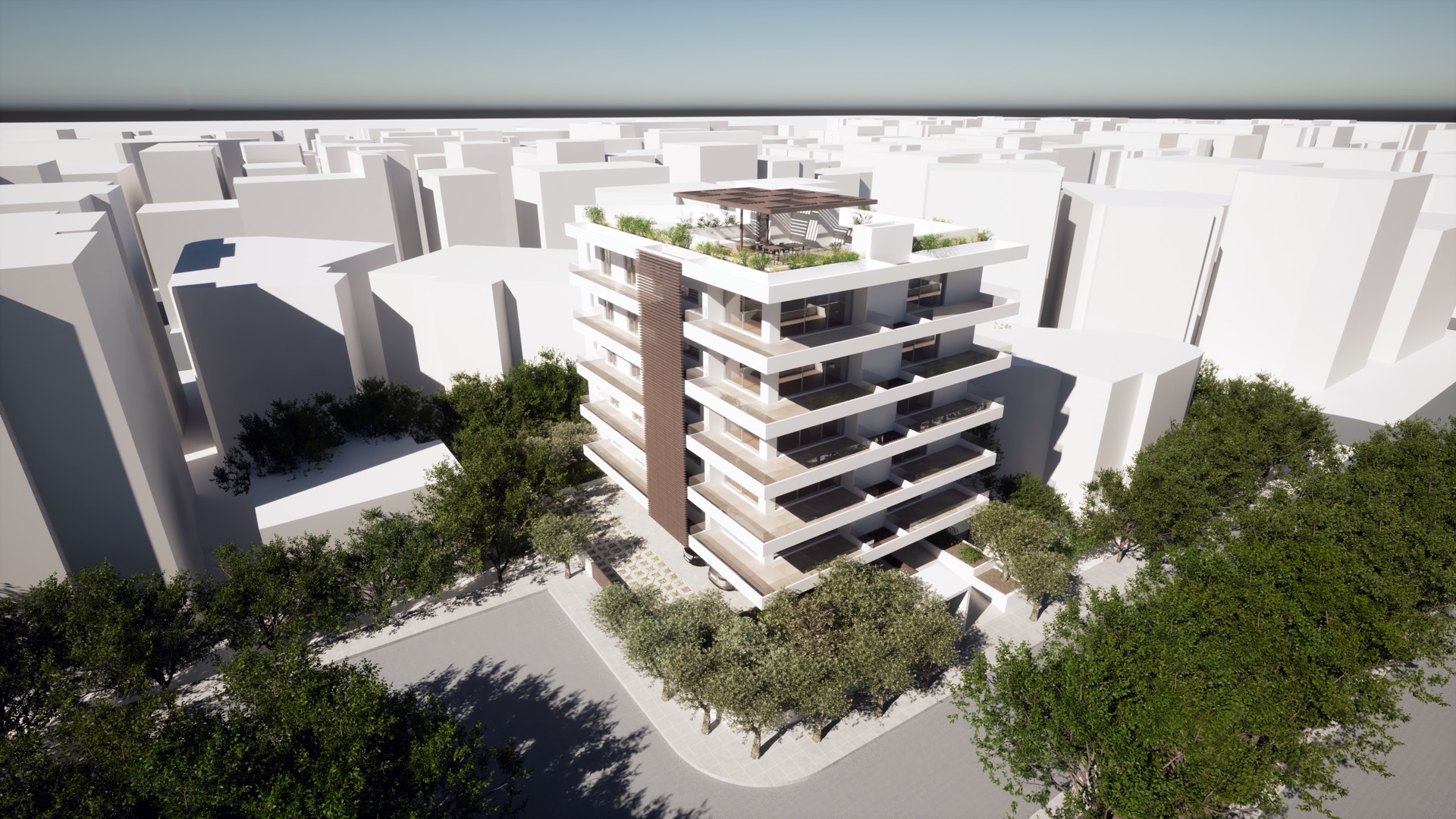 Φωτορεαλιστική απεικόνιση της οικοδομής Σάουμπερτ 8, αεροφωτογραφία με την πέργκολα στο δώμα και τη γύρω περιοχή.
